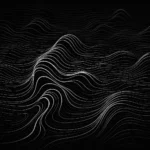 Paysage abstrait de lignes fluides et dynamiques évoquant un flux génératif, style minimaliste noir et blanc pour illustrer la conception d’interfaces par IA