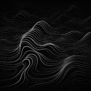 Paysage abstrait de lignes fluides et dynamiques évoquant un flux génératif, style minimaliste noir et blanc pour illustrer la conception d’interfaces par IA
