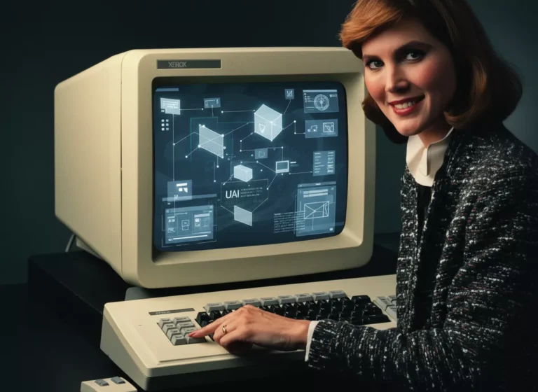 Femme utilisant un ancien ordinateur avec une IA.