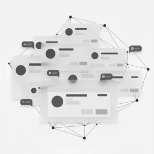 illustration minimaliste de micro-interaction avec fenêtres superposées et boutons abstraits dans un style Calm UX