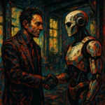 Photo d’un dirigeant serrant la main d’un robot humanoïde dans un bureau moderne pour illustrer la réinvention des business models SaaS à l’ère de l’IA générative