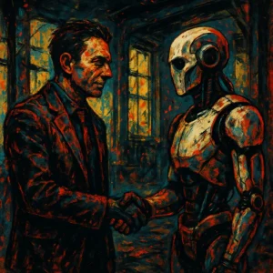 Photo d’un dirigeant serrant la main d’un robot humanoïde dans un bureau moderne pour illustrer la réinvention des business models SaaS à l’ère de l’IA générative