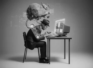 Homme assis, technologie et créativité.